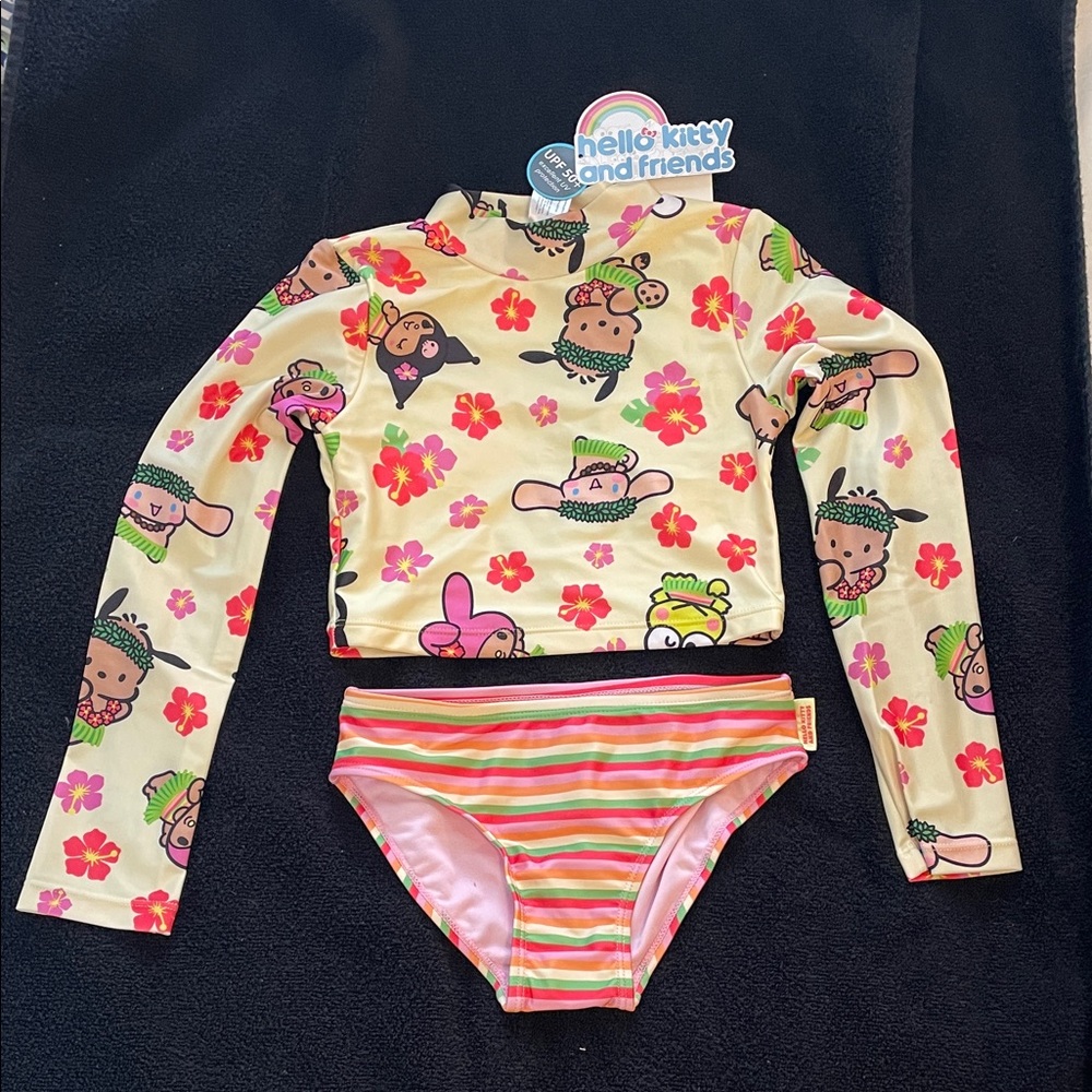 Sanrio Hello Kitty Kids Swim Set Cream Pink Hawaiian theme long sleeve nwt